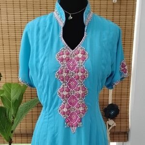1950s Beaded Embordered Silk Blue True Vintage Gorgeous Dress!